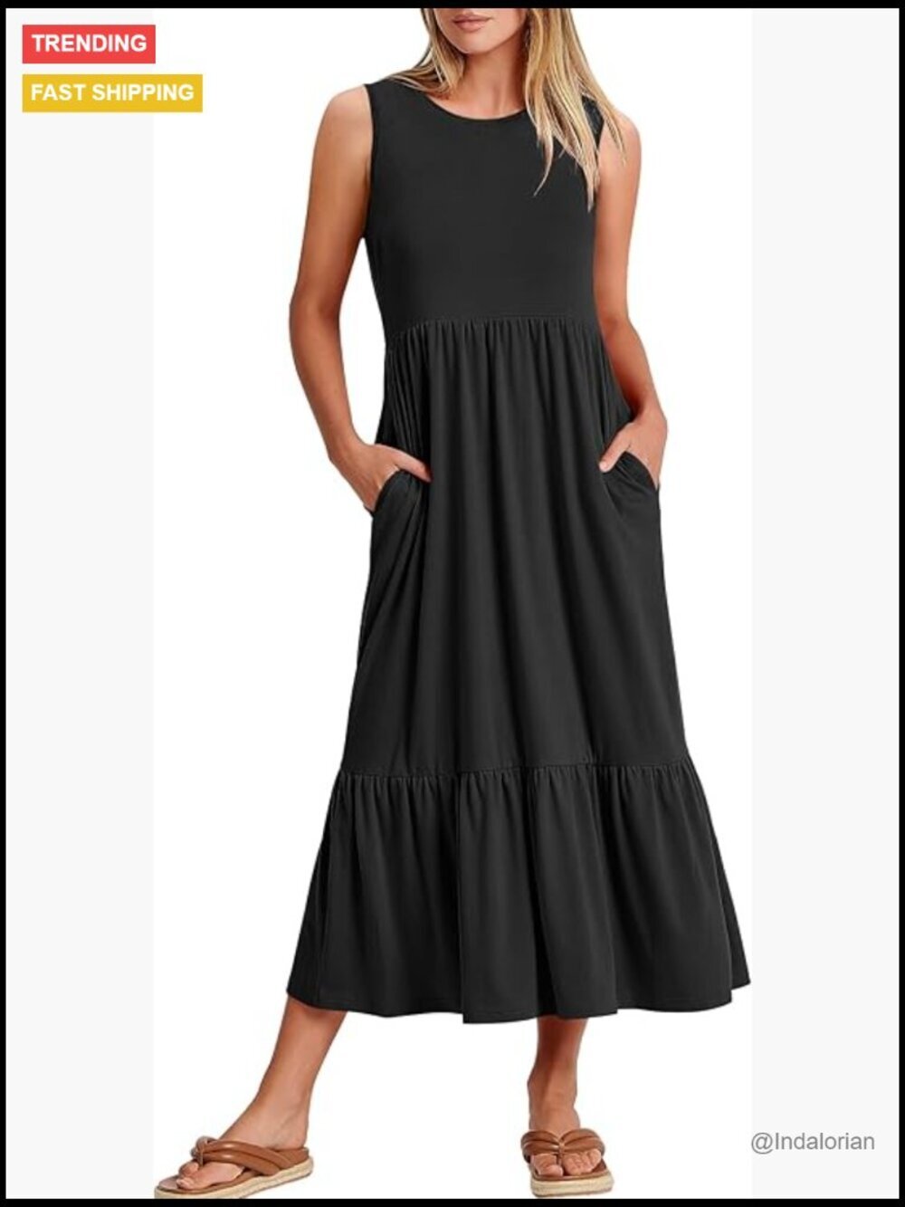 Sleeveless Crewneck Tiered Maxi Dress with Pockets